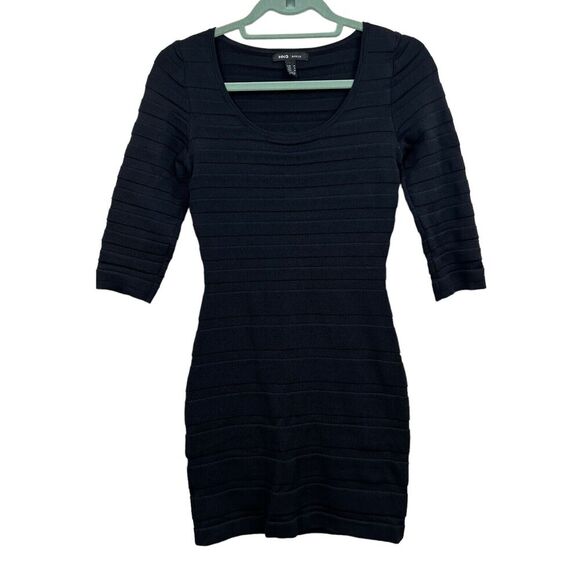 MNG Basics Bodycon Dress Stretch Scoop Neck Ribbed 3/4 Sleeve Black Women Size S - Picture 1 of 5